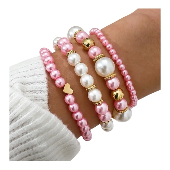 Chic Pink and White Layered Pearl Bracelet Set - Picture 1 of 2